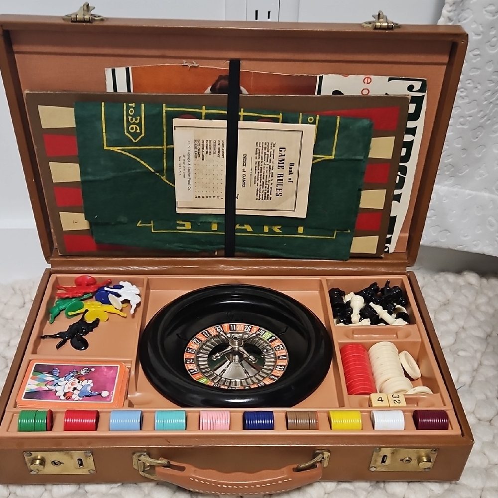 Elegant Roulette Game Set with Black Wheel and Brown Case